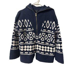 J Crew Cream Navy 1/2 Zip Sweater Wool Alpaca Acrylic Blend Size XS Small
